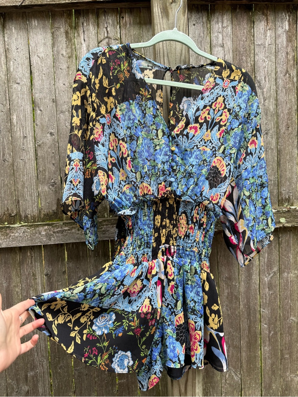 Zara Black Floral V-Neck Smocked Mini Dress with Blue Accents
